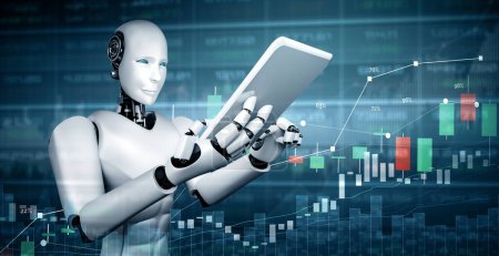Foto de Ilustración MLP 3d Tecnología financiera futura controlada por robot de IA que utiliza aprendizaje automático e inteligencia artificial para analizar datos de negocios y dar asesoramiento sobre inversión y decisión comercial - Imagen libre de derechos
