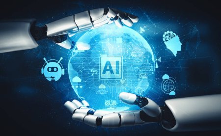 Foto de MLP 3D renderizado inteligencia artificial Investigación de inteligencia artificial de robot androide y desarrollo de cyborg para el futuro de las personas que viven. Diseño de tecnología digital de minería de datos y aprendizaje automático para cerebro de computadora. - Imagen libre de derechos