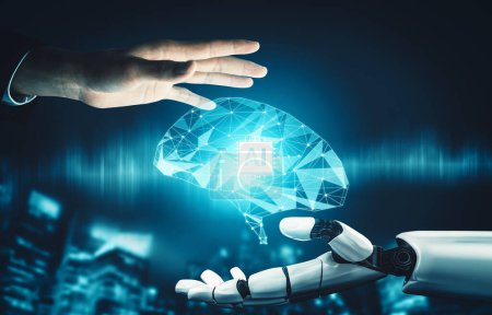 Foto de MLP 3D renderizado futurista desarrollo de tecnología de robot androide, inteligencia artificial AI, y el concepto de aprendizaje automático. Investigación científica biónica robótica global para el futuro de la vida humana. - Imagen libre de derechos