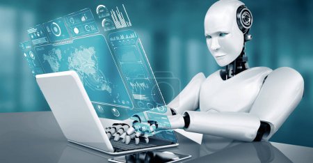 Foto de Ilustración MLP 3D Robot uso hominoide portátil y sentarse a la mesa para el análisis de big data utilizando el cerebro de pensamiento AI, inteligencia artificial y el proceso de aprendizaje automático para el cuarto cuarto industrial - Imagen libre de derechos