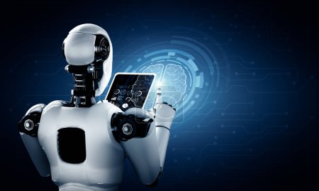 Téléchargez les photos : Illustration 3D MLP Robot humanoïde utilisant un ordinateur tablette dans le futur bureau tout en utilisant la pensée IA cerveau, l'intelligence artificielle et le processus d'apprentissage automatique. 4ème quatrième révolution industrielle 3D - en image libre de droit