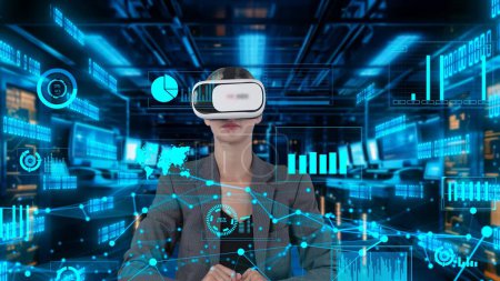 Téléchargez les photos : Femme d'affaires pointant les données du marché mondial en rotation écran d'analyse par VR future interface d'innovation mondiale technologie de réseau d'infographie numérique hologramme virtuel serveur d'animation mondiale. Machines et appareils. - en image libre de droit