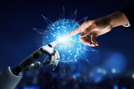 MLP 3D Rendering futuristische Robotertechnologie-Entwicklung, künstliche Intelligenz-KI und maschinelles Lernkonzept. Globale robotische bionische Forschung für die Zukunft des menschlichen Lebens.
