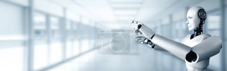 Photo for MLP 3d illustration AI humanoid robot touching finger at copy space in concept of artificial intelligence thinking by machine learning process for 4th fourth industrial revolution. 3D illustration. - Royalty Free Image
