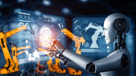 Foto de Ilustración MLP 3D Robot de la industria cibernética y brazos robóticos para montaje en producción de fábrica. Concepto de inteligencia artificial para la revolución industrial y el proceso de fabricación de automatización. - Imagen libre de derechos