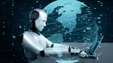 Téléchargez les photos : Illustration 3D MLP Robot futuriste intelligence artificielle huminoïde IA développement de technologies analytiques de données et concept d'apprentissage automatique. Recherche mondiale en bionique robotique pour l'avenir de l'homme - en image libre de droit