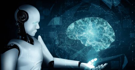 Téléchargez les photos : Illustration 3D MLP robot hominoïde AI tenant un écran holographique virtuel montrant le concept de cerveau IA et la pensée de l'intelligence artificielle par processus d'apprentissage automatique. rendu 3D. - en image libre de droit