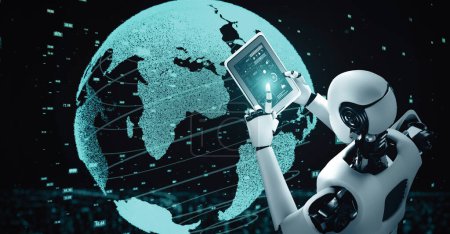 Foto de Ilustración MLP 3D Robot futurista inteligencia artificial huminoide AI análisis de datos tecnología de desarrollo y aprendizaje automático concepto. Investigación científica biónica robótica global para el futuro del ser humano - Imagen libre de derechos