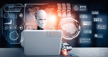 Téléchargez les photos : Illustration 3D MLP Robot humanoïde utiliser un ordinateur portable et s'asseoir à table pour l'analyse de mégadonnées en utilisant la pensée IA cerveau, l'intelligence artificielle et le processus d'apprentissage automatique pour le 4ème quatrième industriel - en image libre de droit