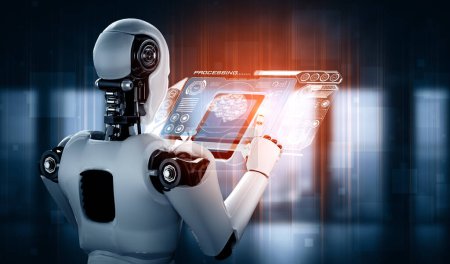 Téléchargez les photos : Illustration 3D MLP Robot humanoïde utilisant un ordinateur tablette dans le concept de cerveau de pensée IA, l'intelligence artificielle et le processus d'apprentissage automatique pour la 4ème quatrième révolution industrielle. 3D - en image libre de droit