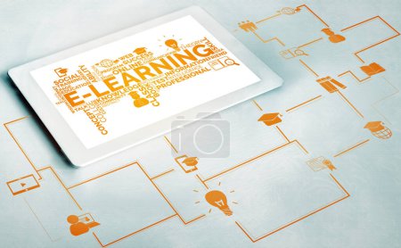 E-Learning und Online-Bildung für Studenten und Universitäten. Grafische Schnittstelle, die die Technologie digitaler Schulungen für Menschen zeigt, die von überall aus fernlernen können.