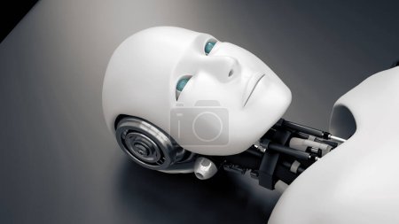 Foto de Ilustración MLP 3d Robot futurista acostado en la cama, inteligencia artificial CGI sobre fondo negro. Hombre robótico 3D hacer animación. Ilustración 3D. - Imagen libre de derechos