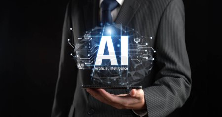 Foto de Los seres humanos interactúan con el procesador cerebral de inteligencia artificial de IA en concepto de ingeniería de inteligencia artificial de IA, big data y aprendizaje automático de IA para usar la IA generativa como soporte empresarial. Faas. - Imagen libre de derechos
