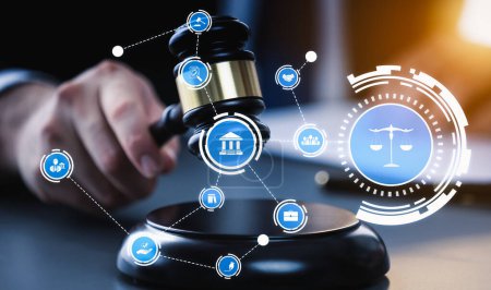 Photo for Smart law, legal advice icons and lawyer working tools in the lawyers office showing concept of digital law and online technology of savvy law and regulations . - Royalty Free Image