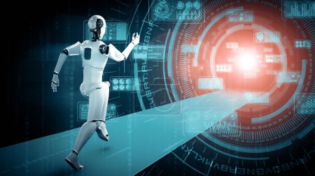 Foto de Ilustración MLP 3D Robot humanoide corriendo mostrando movimiento rápido y energía vital en concepto de desarrollo futuro de la innovación hacia el cerebro AI y el pensamiento de inteligencia artificial mediante el aprendizaje automático - Imagen libre de derechos
