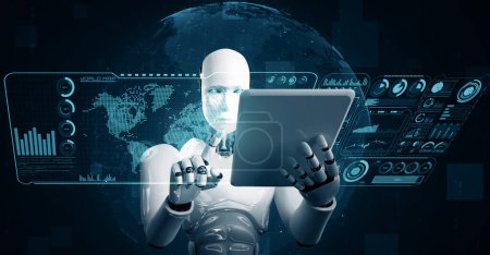 Téléchargez les photos : Illustration 3D MLP Hominoïde robot utilisant un ordinateur tablette pour la connexion au réseau mondial en utilisant la pensée IA cerveau, l'intelligence artificielle et le processus d'apprentissage automatique pour la 4e révolution industrielle. 3D - en image libre de droit