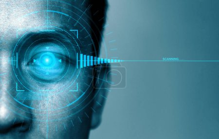 Future cyber security data protection by biometrics scanning with human eye to unlock and give access to private digital data. Futuristic technology innovation concept. uds
