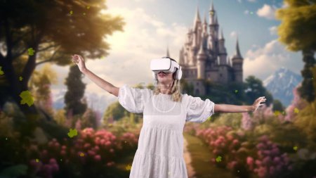 Smiling woman looking VR surround wonderful fairytale in maple falling at castle in meta magical world like mystery magic greenery fantasy town imaginary palace bright sun light at back. Contraption.