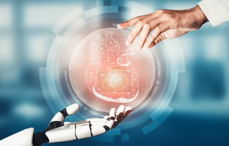 Téléchargez les photos : MLP 3D rendant robot droïde d'intelligence artificielle médicale travaillant dans le futur hôpital. Prothèse de santé futuriste pour les patients et concept de technologie biomédicale. - en image libre de droit