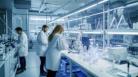 Une photographie floue capturant l'activité animée des scientifiques en blouse de laboratoire effectuant des recherches dans un laboratoire moderne et bien équipé. Resplendissant.