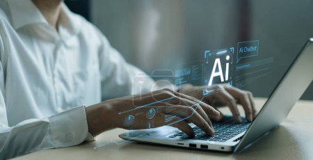 Der Mensch interagiert mit künstlicher Intelligenz virtuellen Assistenten Chatbot im Konzept der künstlichen Intelligenz Eingabeaufforderung Engineering, LLM AI deep learning to use generative AI for work support. FaaS
