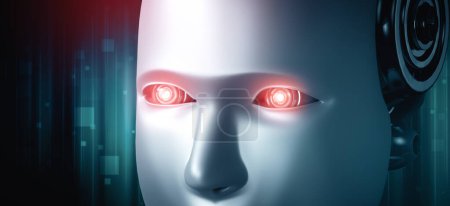 Photo for MLP 3d illustration Robot humanoid face and eyes close up view 3D rendering. AI thinking brain, artificial intelligence and machine learning process for the 4th fourth industrial revolution. - Royalty Free Image