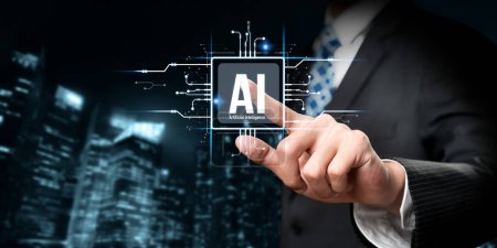 Téléchargez les photos : L'humain interagit avec le processeur cérébral IA intelligence artificielle dans le concept d'intelligence artificielle IA ingénierie, Big Data et IA machine learning pour utiliser l'IA générative pour le soutien aux entreprises. Faas - en image libre de droit