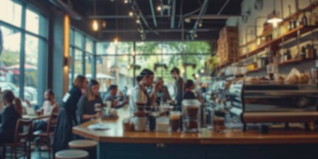 Verschwommener Hintergrund eines geschäftigen Cafés, in dem die Gäste ihre Drinks genießen und Baristas Kaffee zubereiten, wodurch ein lebendiger Gemeinschaftsraum entsteht. Resplenant.