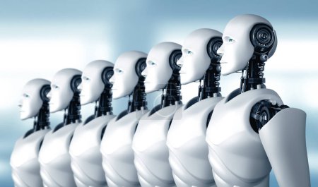 Foto de Ilustración MLP 3D Ilustración 3D del grupo humanoide robot en concepto de inteligencia artificial futura y cuarta cuarta revolución industrial. - Imagen libre de derechos