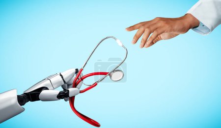 Foto de MLP 3D renderizado robot de inteligencia artificial médica que trabaja en el futuro hospital. Salud protésica futurista para el concepto de paciente y tecnología biomédica. - Imagen libre de derechos
