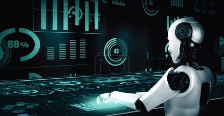 Foto de Ilustración MLP 3D Futuro control de tecnología financiera por robot AI huminoide utiliza el aprendizaje automático y la inteligencia artificial para analizar los datos de negocios y dar asesoramiento sobre la inversión y el comercio - Imagen libre de derechos