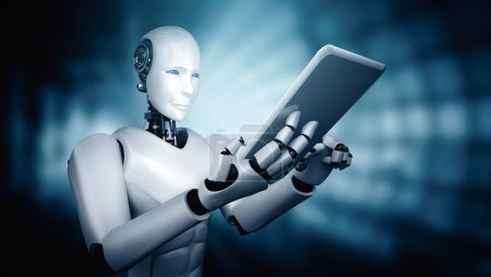 Foto de Ilustración MLP 3D Robot humanoide utilizando tableta de la computadora en la oficina futura, mientras que el uso de cerebro pensamiento AI, inteligencia artificial y el proceso de aprendizaje automático. 4ª revolución industrial 3D - Imagen libre de derechos