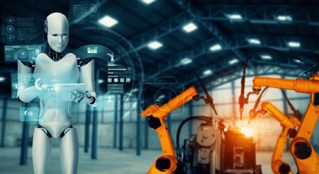 Foto de MLP Robot industrial mecanizado y brazos robóticos para montaje en producción de fábrica. Concepto de inteligencia artificial para la revolución industrial y el proceso de fabricación de automatización. - Imagen libre de derechos