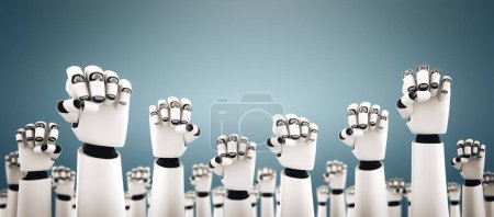 Photo for MLP 3d illustration Robot humanoid hands up to celebrate success achieved by using AI artificial intelligence thinking and machine learning process for the 4th industrial revolution. 3D illustration. - Royalty Free Image