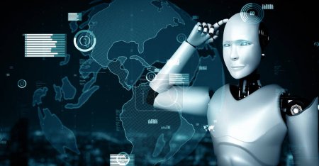 Téléchargez les photos : MLP Illustration 3D Le futur contrôle de la technologie financière par le robot huminoid AI utilise l'apprentissage automatique et l'intelligence artificielle pour analyser les données commerciales et donner des conseils sur l'investissement et le trading - en image libre de droit
