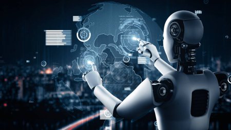 Foto de Ilustración MLP 3D Futuro control de tecnología financiera por robot AI huminoide utiliza el aprendizaje automático y la inteligencia artificial para analizar los datos de negocios y dar asesoramiento sobre la inversión y el comercio - Imagen libre de derechos