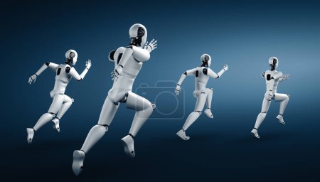 Foto de Ilustración MLP 3D Robot humanoide corriendo mostrando movimiento rápido y energía vital en concepto de desarrollo futuro de la innovación hacia el cerebro AI y el pensamiento de inteligencia artificial mediante el aprendizaje automático - Imagen libre de derechos