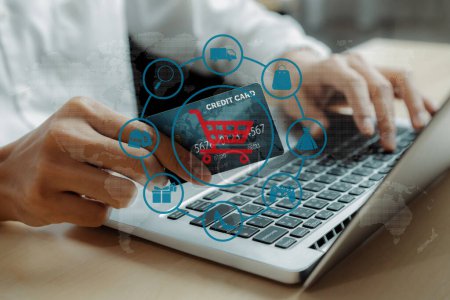 Photo for Customer open hologram graphic interface controlling device choosing online platform. Smart consumer touch gadget open e-commerce application using cashless technology shopping inventory. Cybercash. - Royalty Free Image