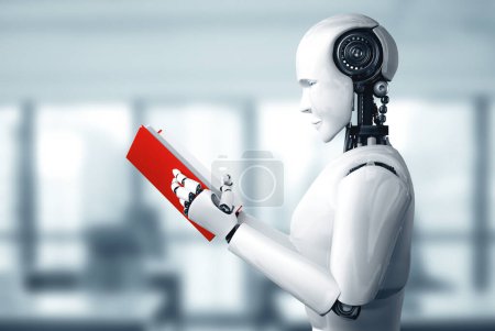 Téléchargez les photos : Illustration MLP 3D Illustration 3D de robot humanoïde livre de lecture en concept de future intelligence artificielle et 4ème quatrième révolution industrielle. - en image libre de droit