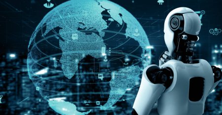 Foto de Ilustración MLP 3D Robot futurista inteligencia artificial huminoide AI para el desarrollo de tecnología industrial de fábrica y el concepto de aprendizaje automático. investigación científica biónica robótica para el futuro del ser humano - Imagen libre de derechos
