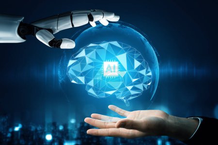 Téléchargez les photos : MLP 3D Rendu le développement technologique futuriste des robots, l'intelligence artificielle et le concept d'apprentissage automatique. Recherche mondiale en sciences bioniques robotiques pour l'avenir de la vie humaine. - en image libre de droit