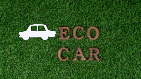 Arranged eco-friendly car and electric vehicle message with EV car icon as backdrop for encouraging campaign on environmental friendly transportation with net-zero emission by biophilia design. Gyre