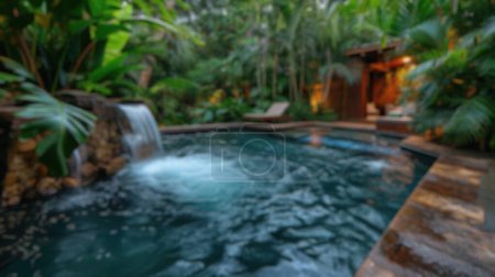 Téléchargez les photos : Fond flou de luxueux spa spa espace de détente au milieu d'une végétation tropicale dense. Resplendissant. - en image libre de droit