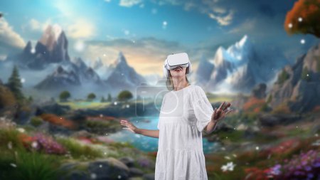 Photo for Excited smiling woman looking by VR surround wonderful fairytale forest mountain ice wonderland snowfall at steam water landscape meta magical world mysterious fantasy jungle in winter. Contraption.. - Royalty Free Image