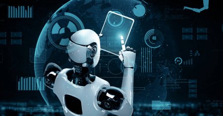 Foto de Ilustración MLP 3D Robot futurista inteligencia artificial huminoide AI para el desarrollo de tecnología industrial de fábrica y el concepto de aprendizaje automático. investigación científica biónica robótica para el futuro del ser humano - Imagen libre de derechos