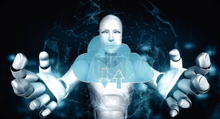 Téléchargez les photos : Robot IA d'illustration 3D MLP utilisant la technologie cloud computing pour stocker des données sur un serveur en ligne. Concept futuriste de stockage de l'information en nuage analysé par processus d'apprentissage automatique. rendu 3D - en image libre de droit