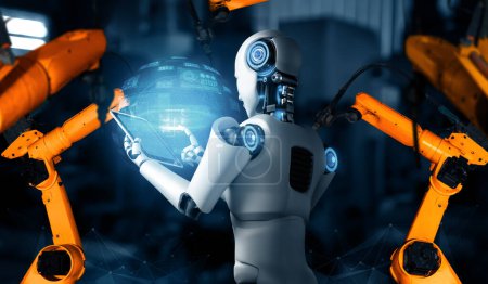 Foto de MLP Robot industrial mecanizado y brazos robóticos para montaje en producción de fábrica. Concepto de inteligencia artificial para la revolución industrial y el proceso de fabricación de automatización. - Imagen libre de derechos