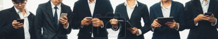 Photo for Panoramic banner business team standing in line and working together symbolize successful business partnership and professional vacancy for job employment, HR agency recruitment concept. Shrewd - Royalty Free Image