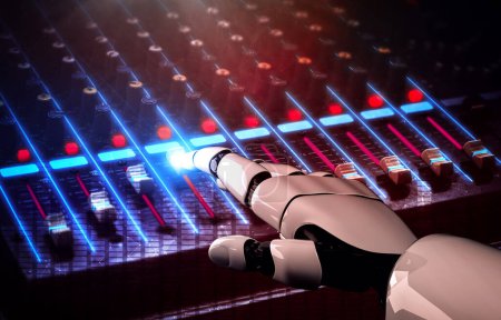 Photo for MLP 3D rendering droid robot disc jockey hand at dj mixer close up view in nightclub during party. EDM, entertainment, party concept. - Royalty Free Image