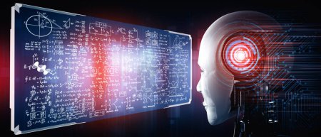 Téléchargez les photos : Illustration 3D MLP Robot IA humanoïde regardant l'écran d'hologramme dans le concept de calcul mathématique et d'analyse d'équation scientifique en utilisant l'intelligence artificielle par processus d'apprentissage automatique. 3D - en image libre de droit